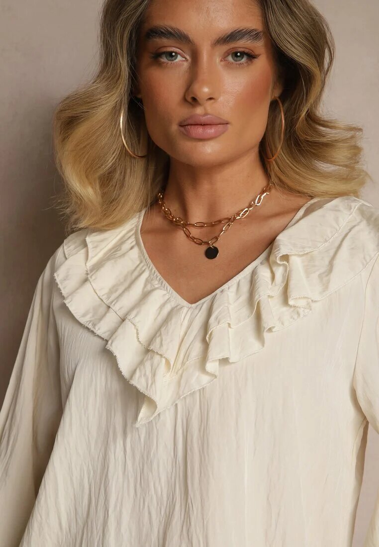 new collection Bluză Bej Rustic din Viscoză cu Decolteu în V și Volane Lislimi