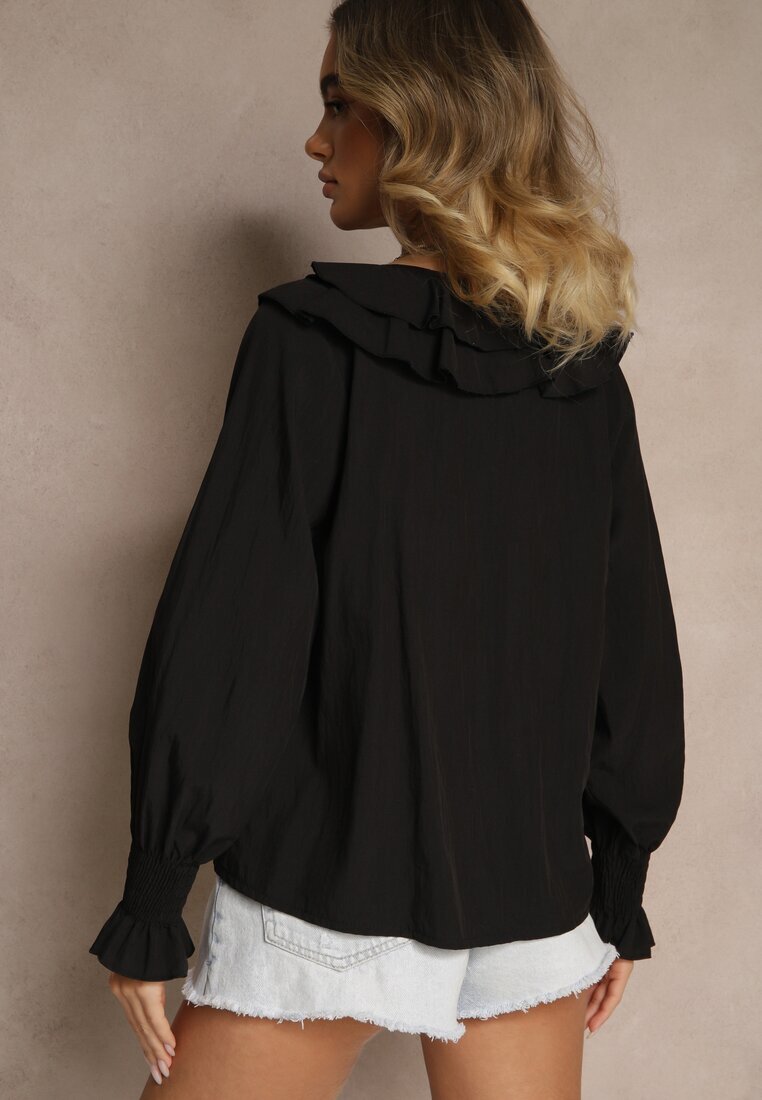 new collection Bluză Neagră Rustică din Viscoză cu Decolteu în V și Volane