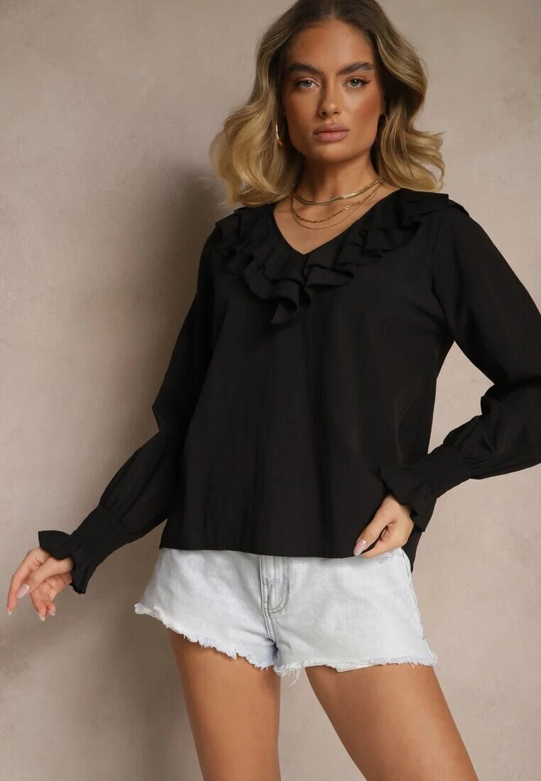 new collection Bluză Neagră Rustică din Viscoză cu Decolteu în V și Volane