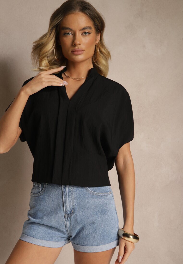 new collection Bluză Neagră Supradimensionată din Viscoză cu croială liliac cu decolteu în V Davithiel