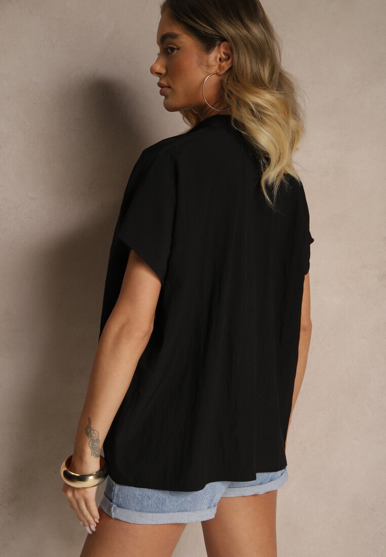 new collection Bluză Neagră Supradimensionată din Viscoză cu croială liliac cu decolteu în V Davithiel