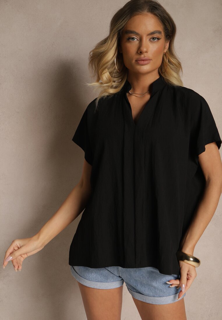new collection Bluză Neagră Supradimensionată din Viscoză cu croială liliac cu decolteu în V Davithiel