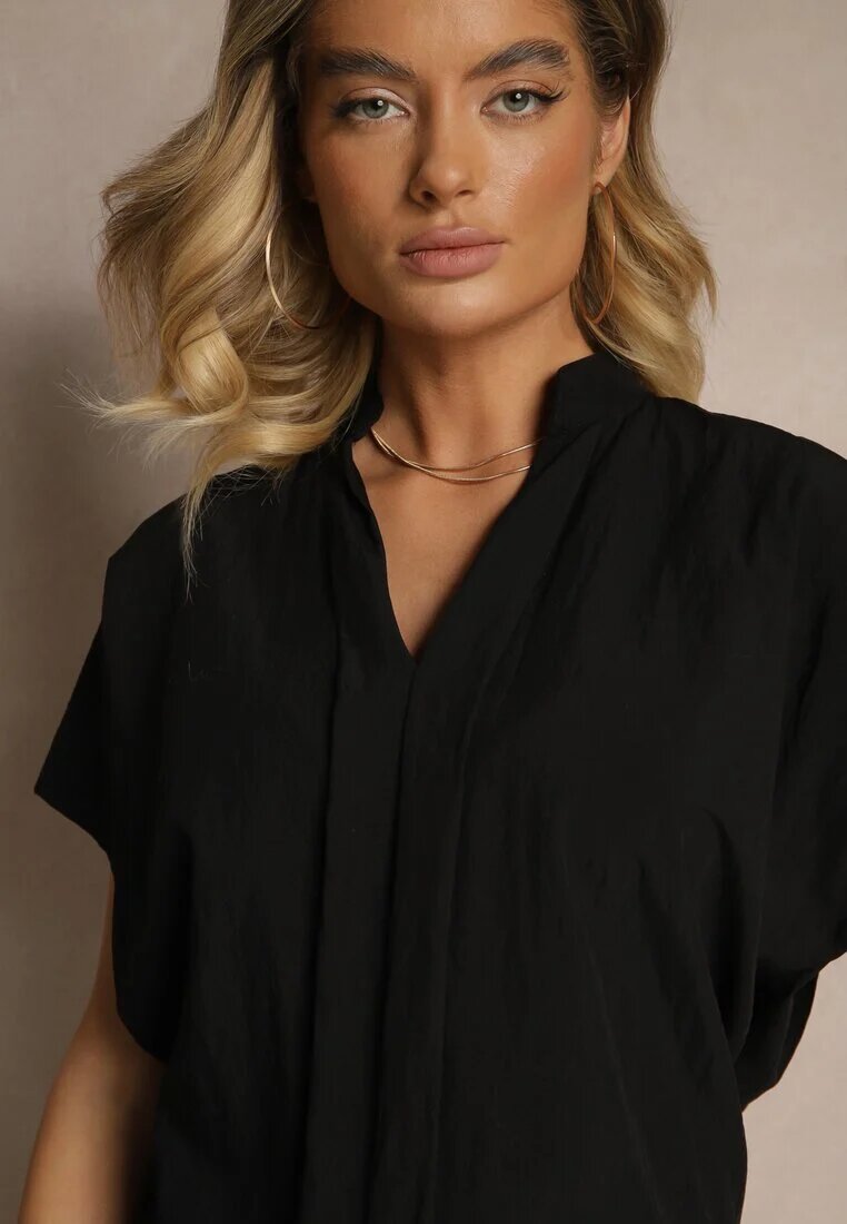 new collection Bluză Neagră Supradimensionată din Viscoză cu croială liliac cu decolteu în V Davithiel