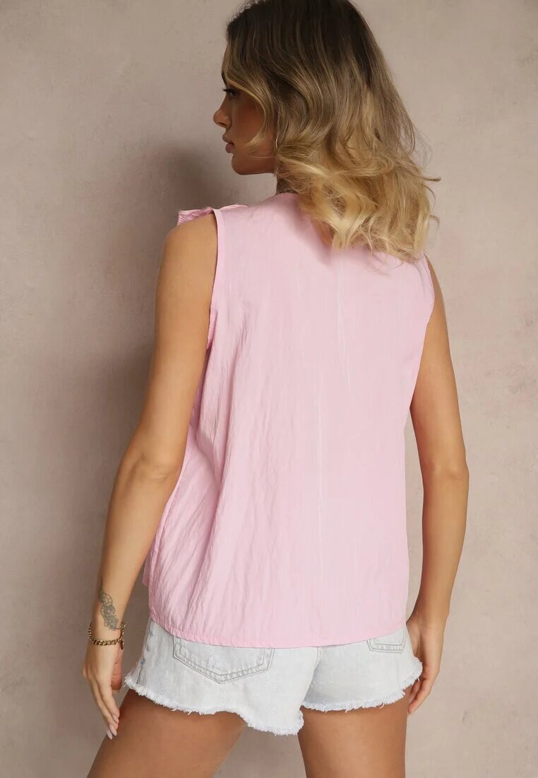 new collection Bluză Roz deschis din Viscoză Fără Mâneci Decorată cu Volan la Decolteu în V Millimia