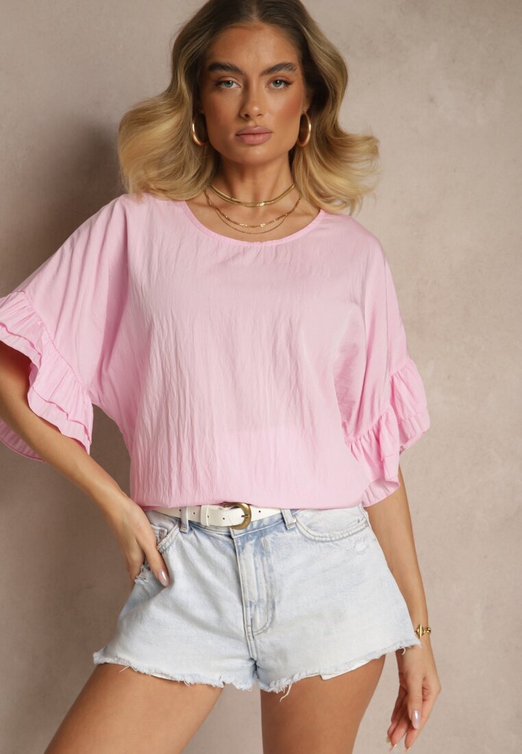 new collection Bluză Roz din Vâscoză cu Croială Tip Liliac Decorată cu Volane Ranova