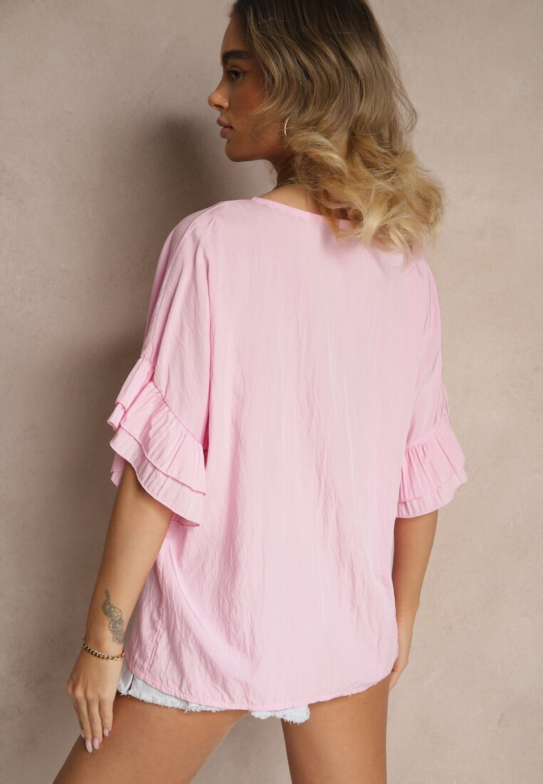 new collection Bluză Roz din Vâscoză cu Croială Tip Liliac Decorată cu Volane Ranova