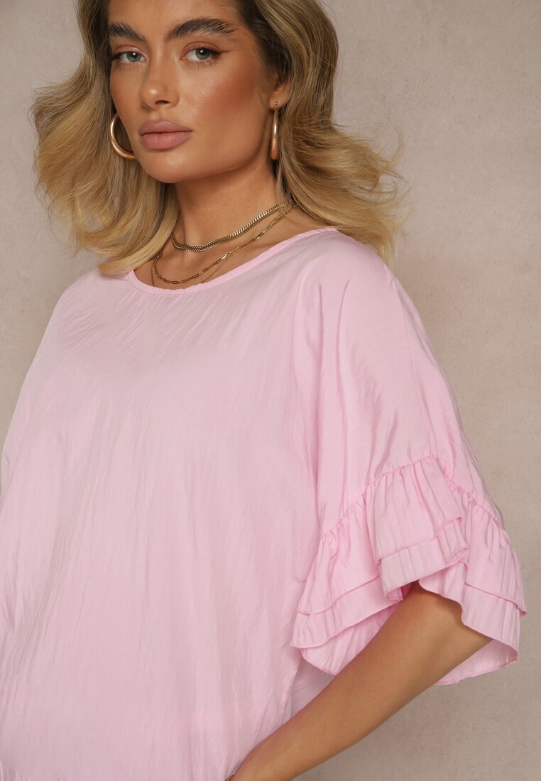 new collection Bluză Roz din Vâscoză cu Croială Tip Liliac Decorată cu Volane Ranova