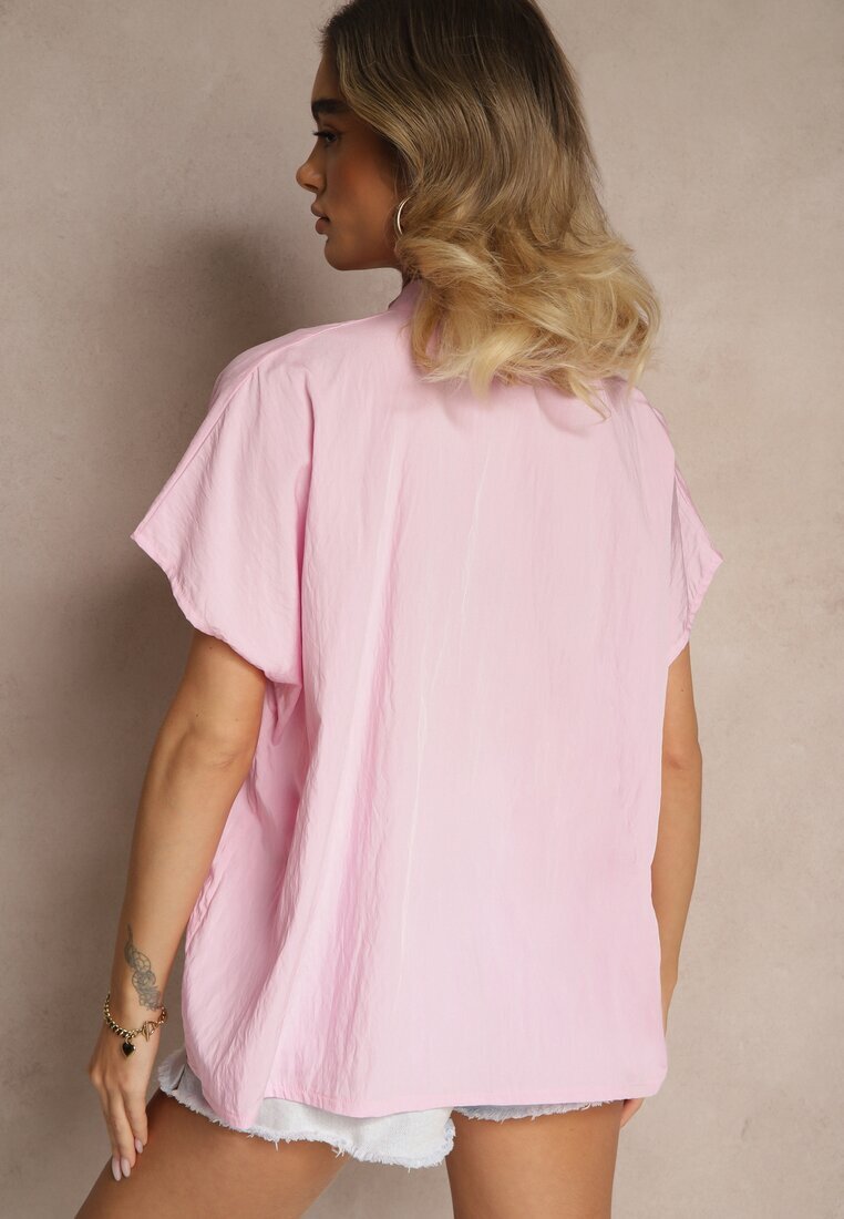 new collection Bluză Roz Oversize din Viscoză cu Mâneci tip Liliac cu Decolteu în V Davithiel
