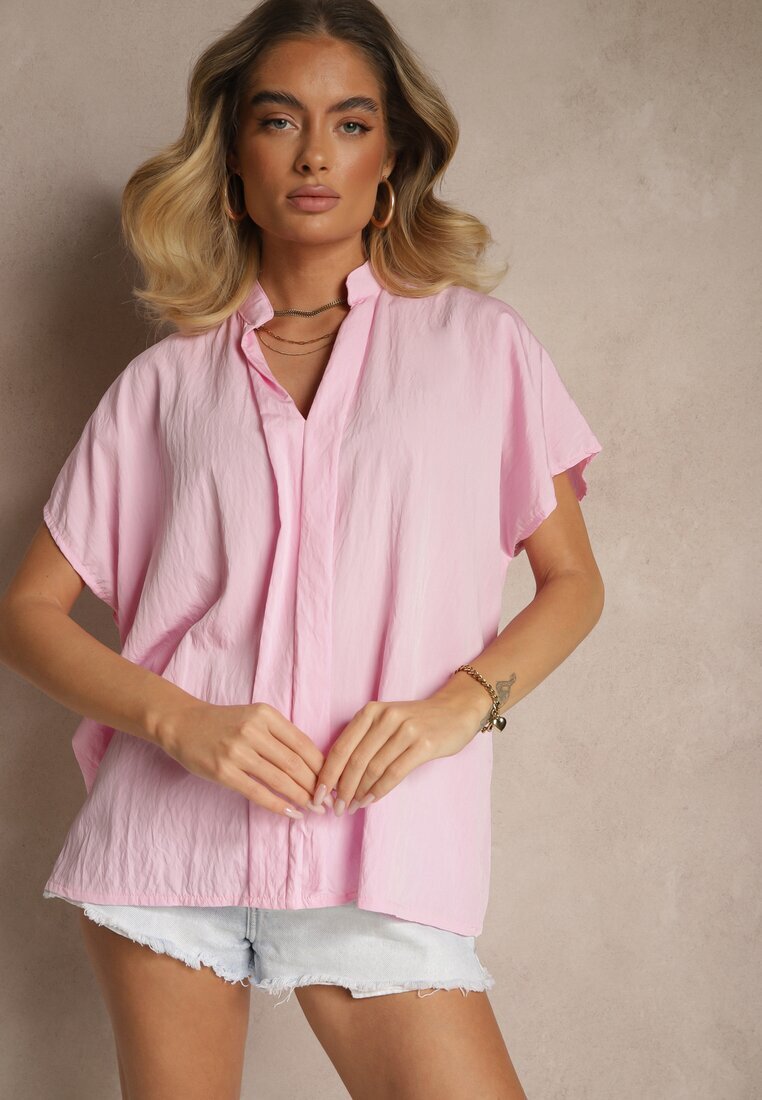 new collection Bluză Roz Oversize din Viscoză cu Mâneci tip Liliac cu Decolteu în V Davithiel