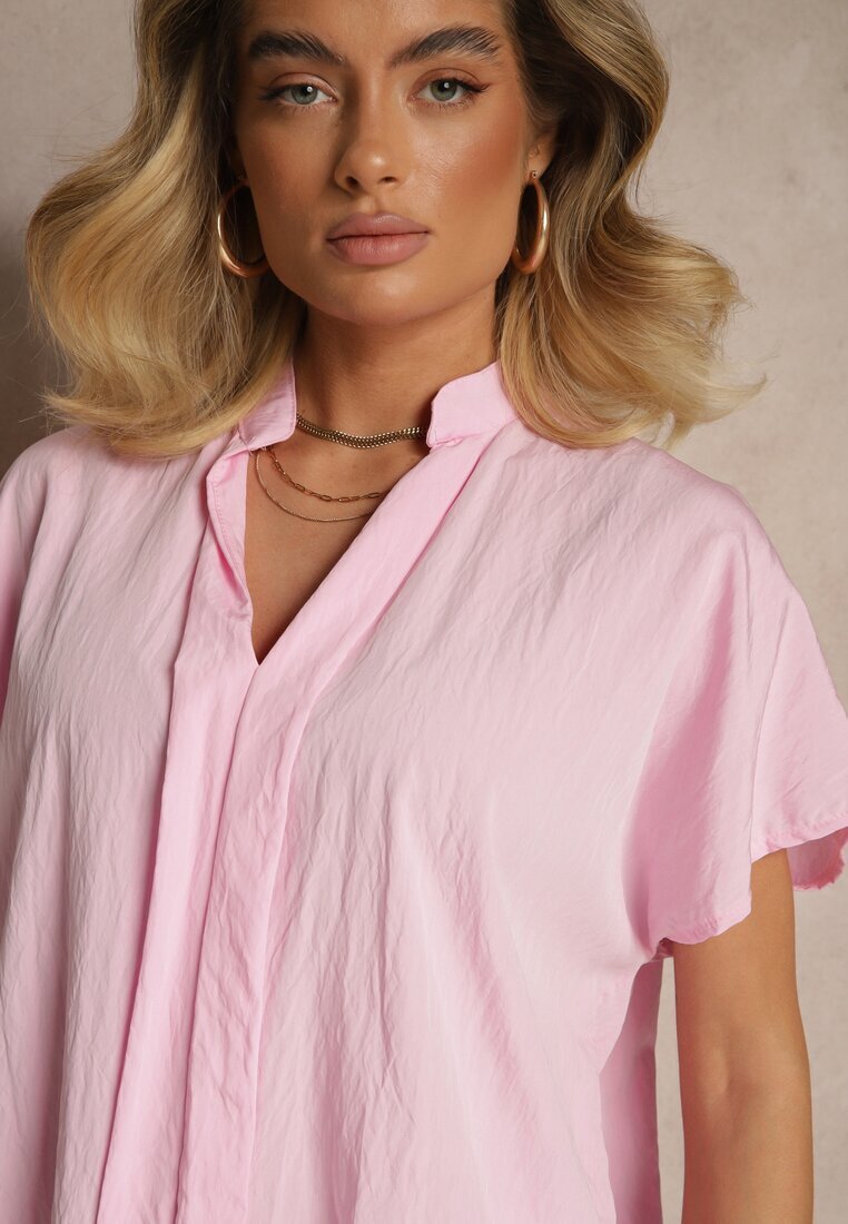 new collection Bluză Roz Oversize din Viscoză cu Mâneci tip Liliac cu Decolteu în V Davithiel