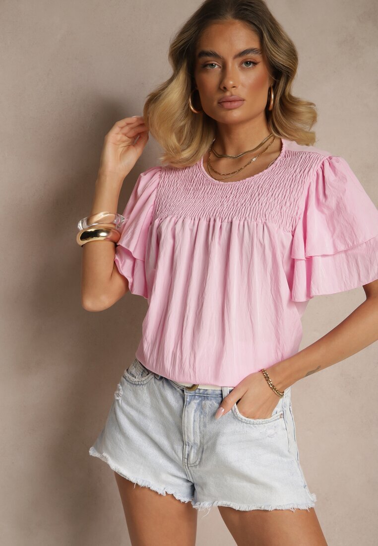 new collection Bluză Roz Trapez cu Vâscoză Decorată cu Volane și Inserție Elastică Mirlimi