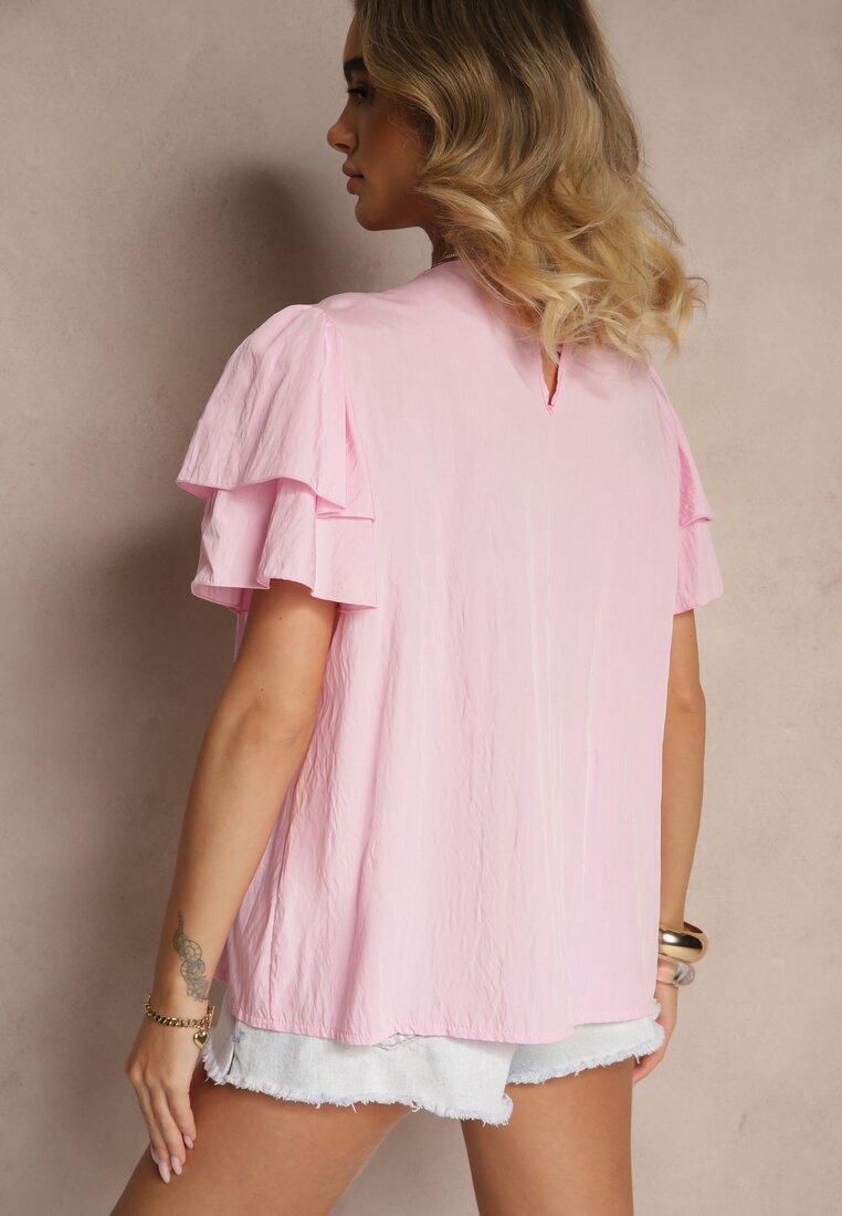 new collection Bluză Roz Trapez cu Vâscoză Decorată cu Volane și Inserție Elastică Mirlimi