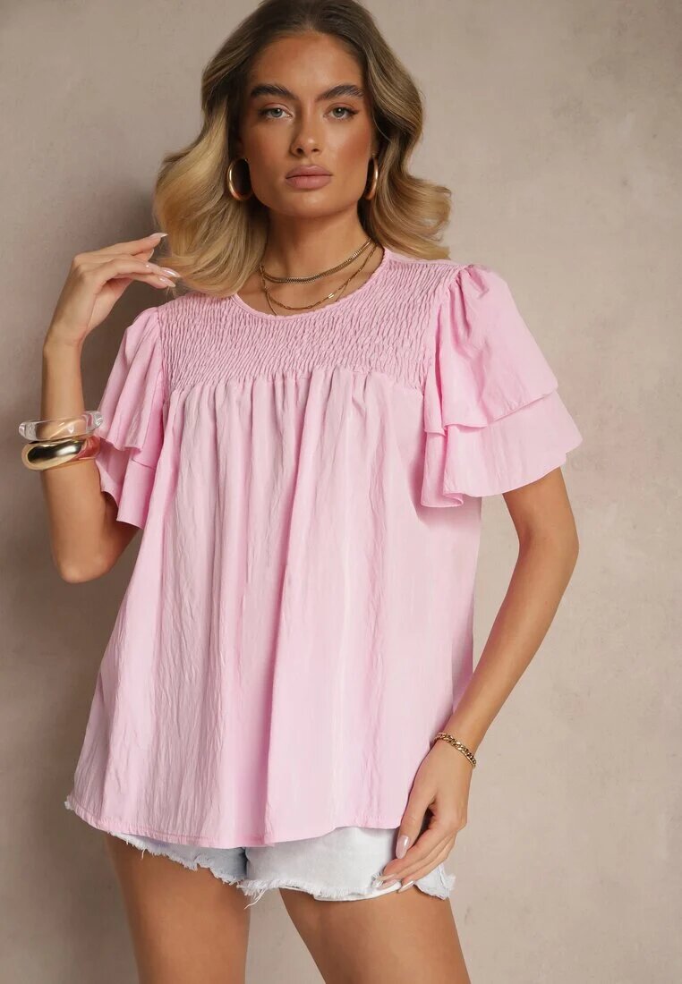 new collection Bluză Roz Trapez cu Vâscoză Decorată cu Volane și Inserție Elastică Mirlimi