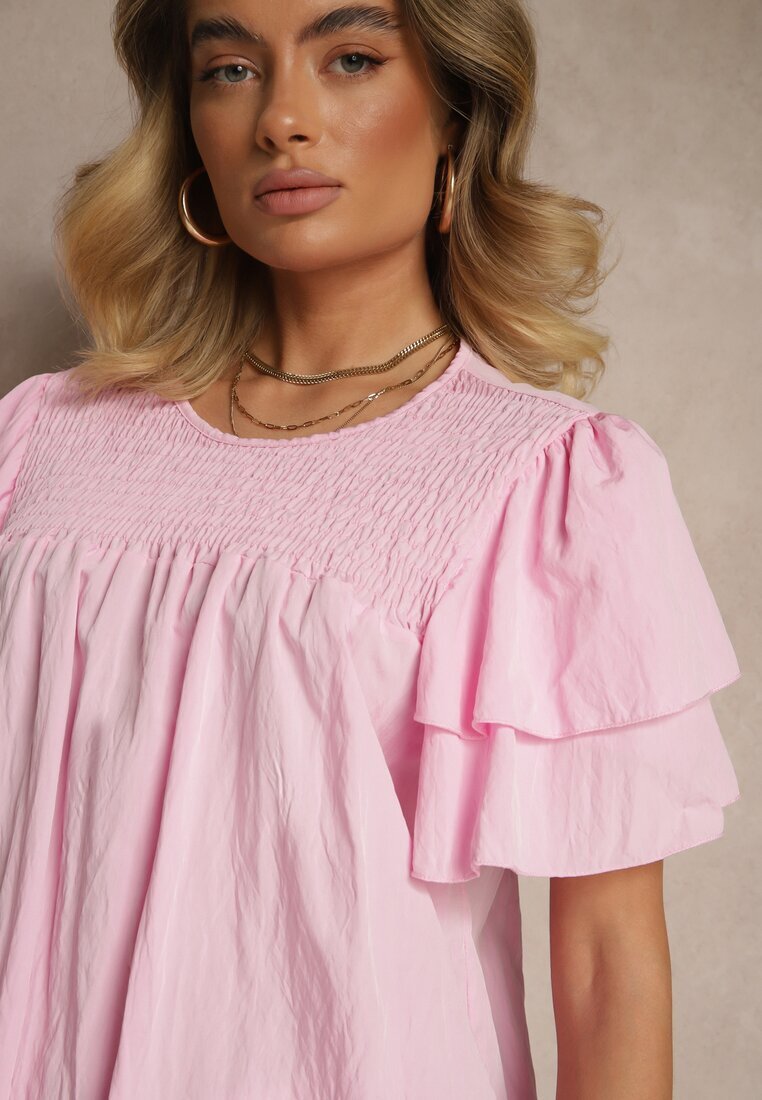 new collection Bluză Roz Trapez cu Vâscoză Decorată cu Volane și Inserție Elastică Mirlimi