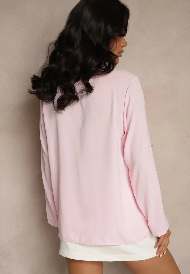 new collection Bluză Roz Trapezoidală cu Decolteu în V și Mâneci Suflecate Morlimi