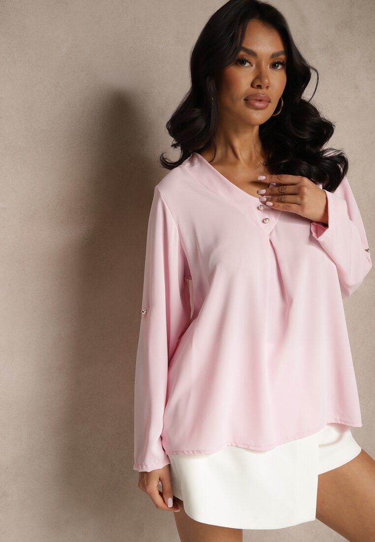 new collection Bluză Roz Trapezoidală cu Decolteu în V și Mâneci Suflecate Morlimi