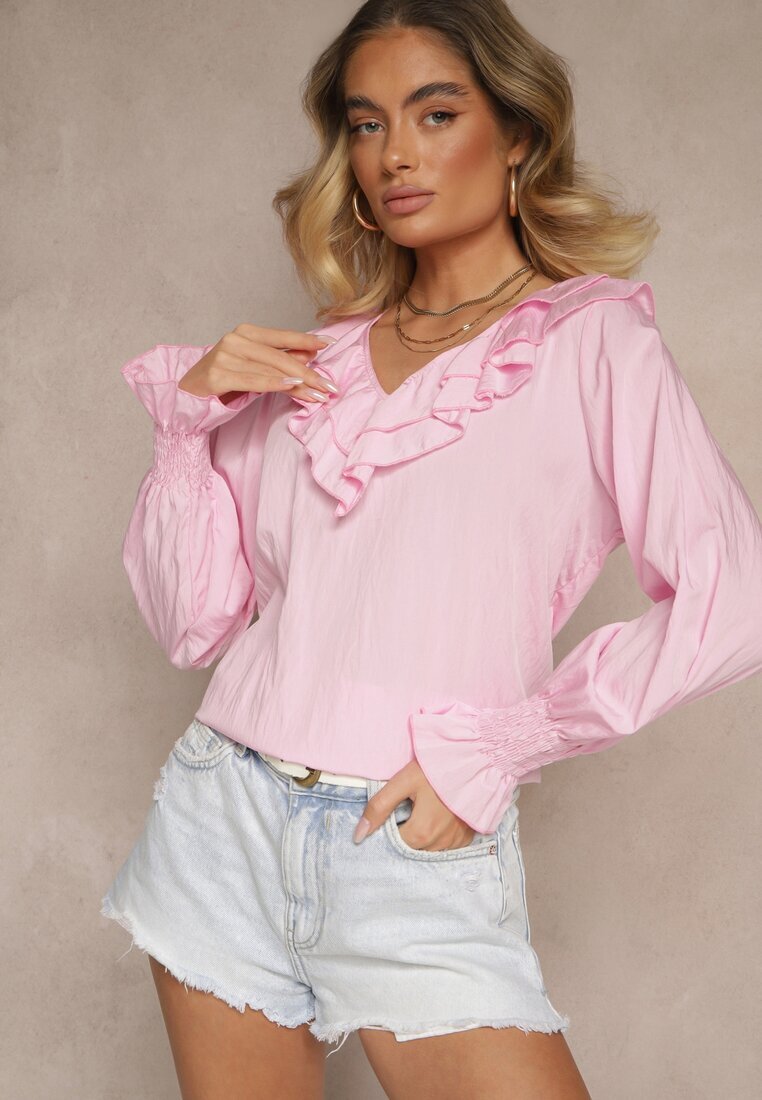 new collection Bluză Roză Rustică din Vâscoză cu Decolteu în V și Volane tip Frunză