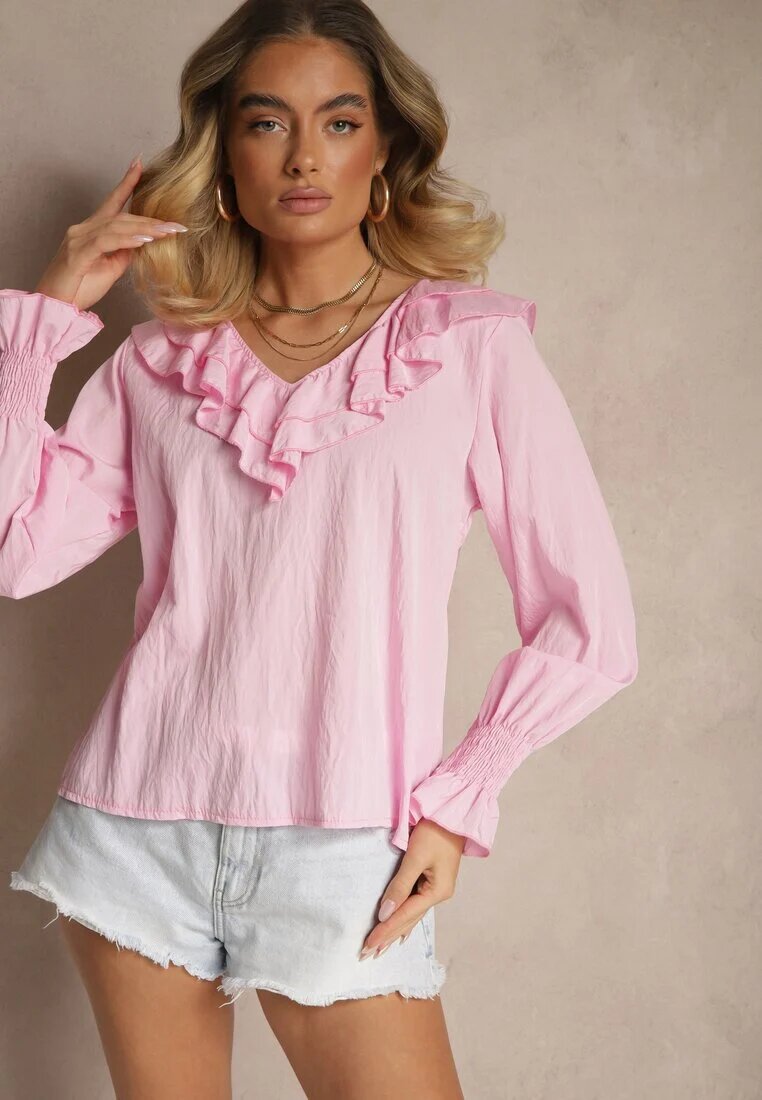 new collection Bluză Roză Rustică din Vâscoză cu Decolteu în V și Volane tip Frunză