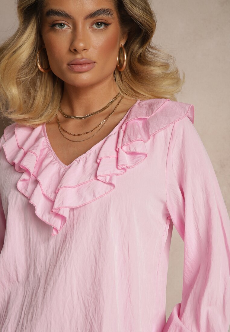 new collection Bluză Roză Rustică din Vâscoză cu Decolteu în V și Volane tip Frunză