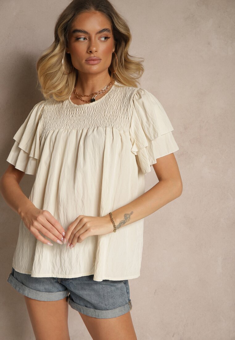 new collection Bluză Trapez Bej din Viscoză Decorată cu Volane și Inserție Elastică Mirlimi