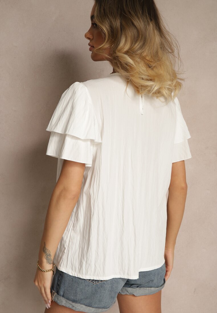 new collection Bluză Trapezoidală Albă cu Vâscoză Decorată cu Volane și Inserție Elastică Mirlimi