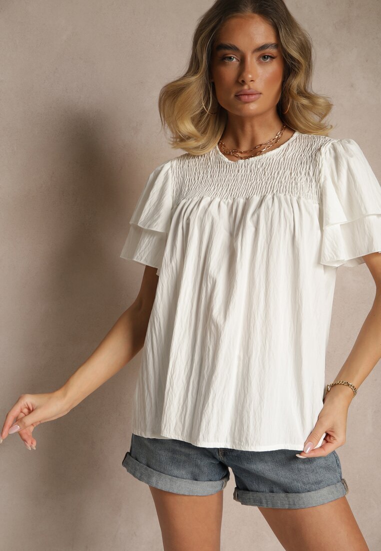 new collection Bluză Trapezoidală Albă cu Vâscoză Decorată cu Volane și Inserție Elastică Mirlimi