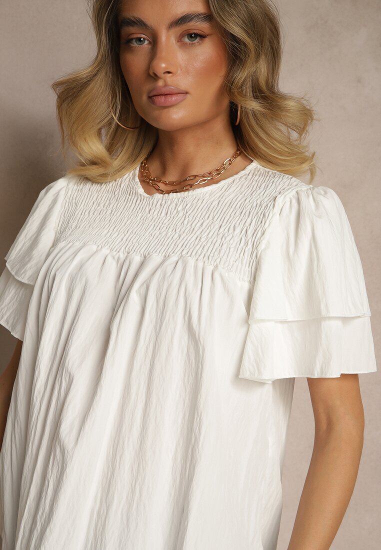 new collection Bluză Trapezoidală Albă cu Vâscoză Decorată cu Volane și Inserție Elastică Mirlimi