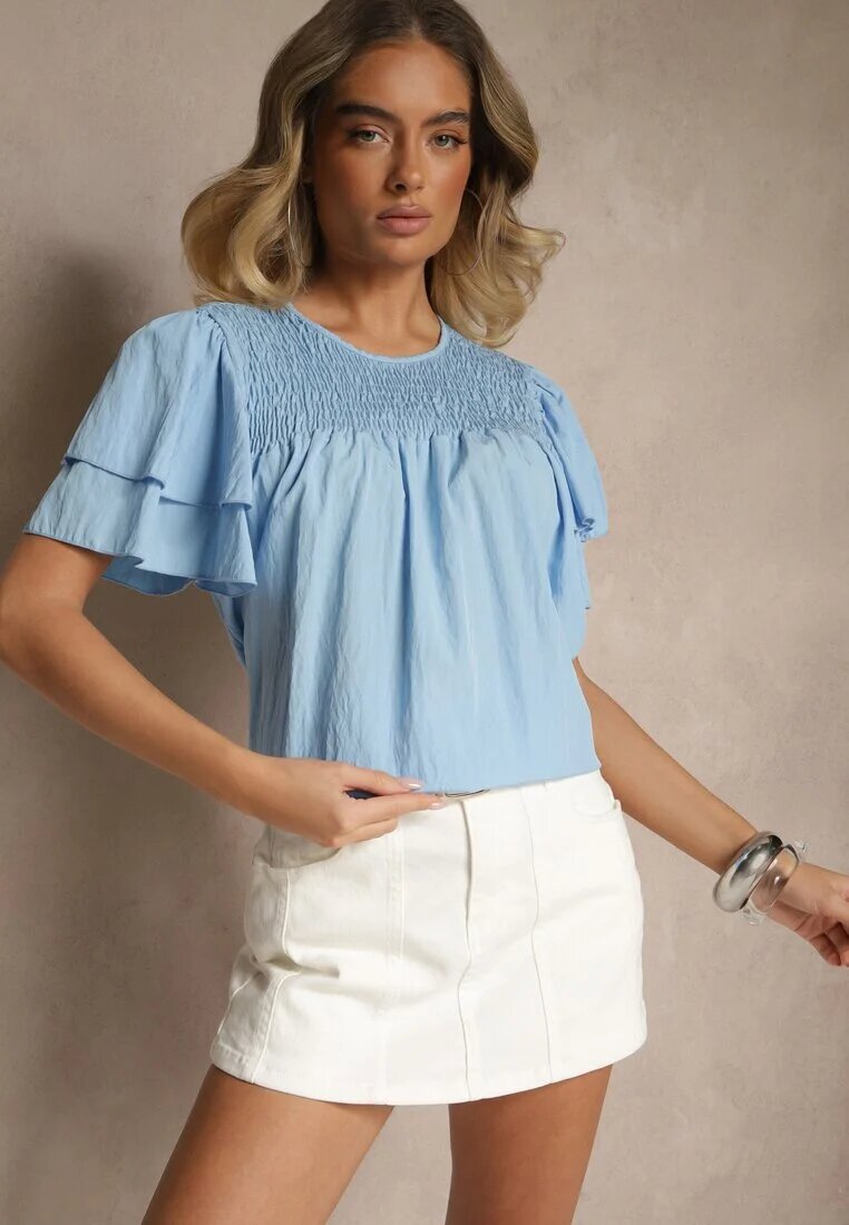 new collection Bluză Trapezoidală Albastru Deschis din Viscoză Decorată cu volane și Inserție Elastică Mirlimi