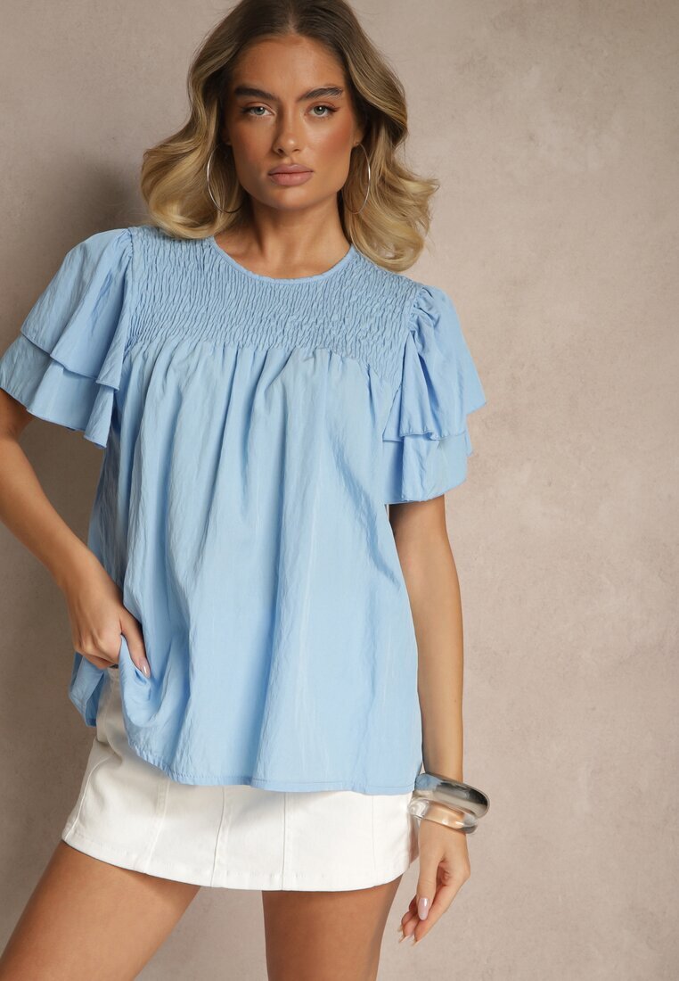 new collection Bluză Trapezoidală Albastru Deschis din Viscoză Decorată cu volane și Inserție Elastică Mirlimi