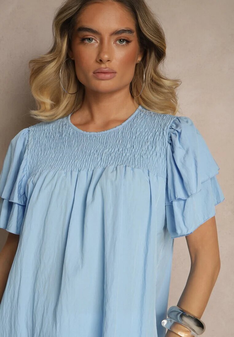 new collection Bluză Trapezoidală Albastru Deschis din Viscoză Decorată cu volane și Inserție Elastică Mirlimi