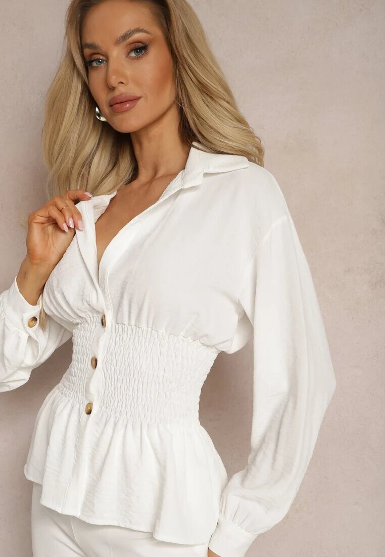 new collection Cămașă Albă cu Talie încrețită și Nasturi Decorativi Dapnelli