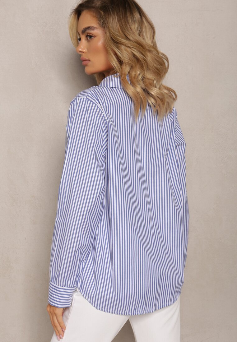 new collection Cămașă Bleumarin-Albă cu Croi Clasic cu Nasturi și în Dungi Adetia
