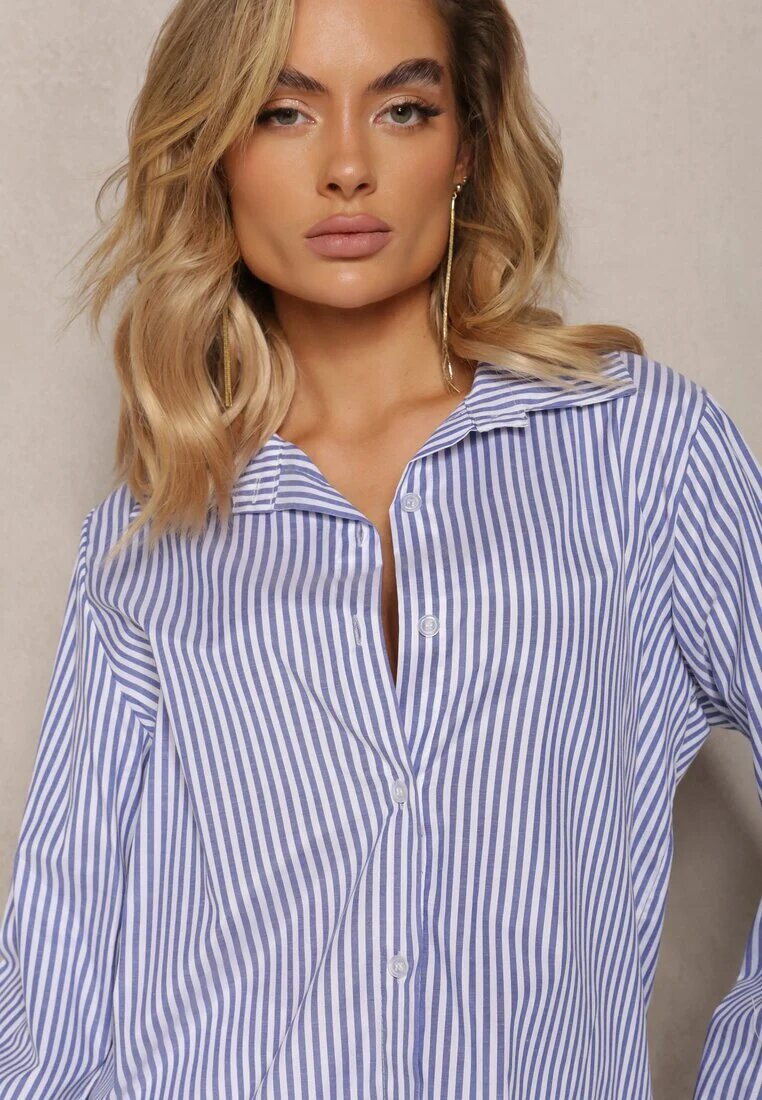 new collection Cămașă Bleumarin-Albă cu Croi Clasic cu Nasturi și în Dungi Adetia