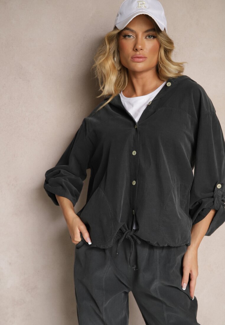 new collection Cămașă Gri închis din Bumbac cu Mâneci Ajustabile și Glugă Terresia