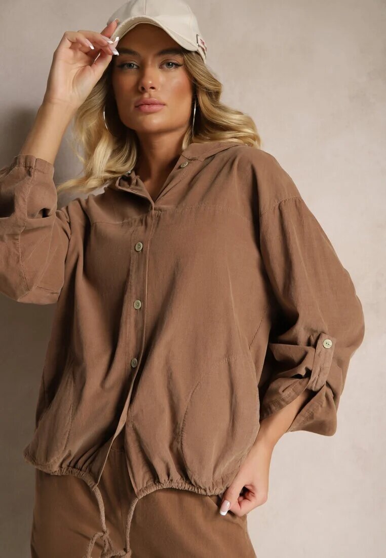 new collection Cămașă Maro deschis din Bumbac cu Croială Largă cu Glugă și Șnur Felanira