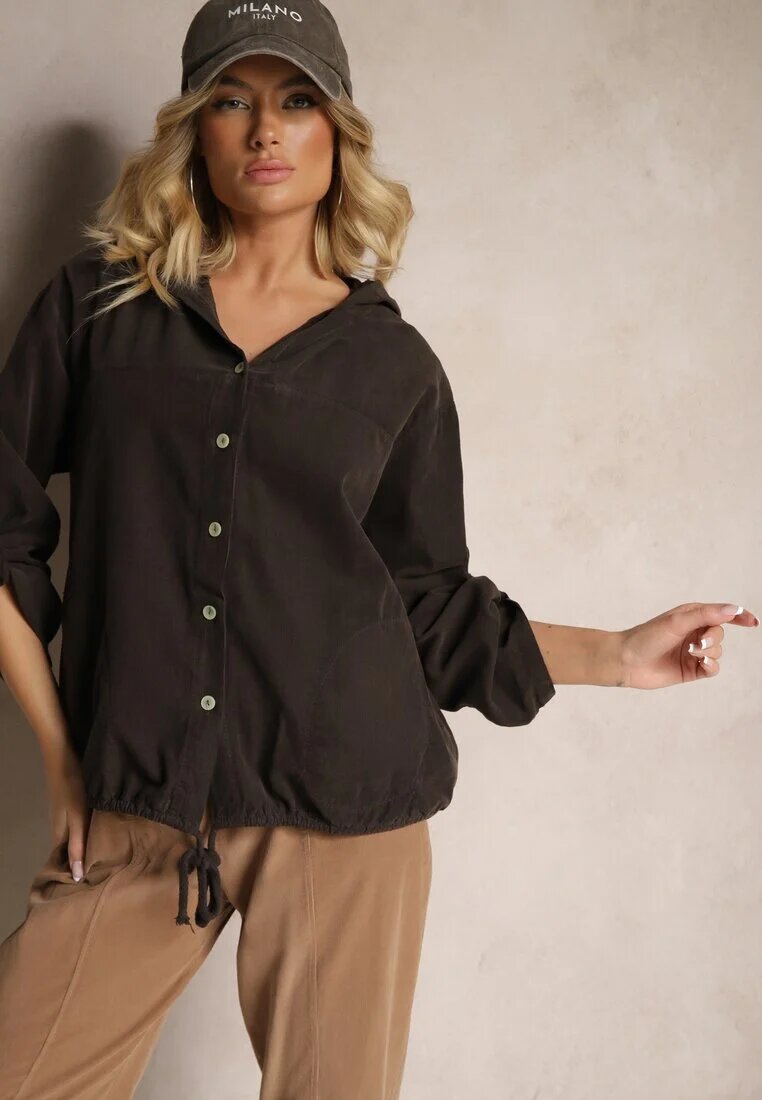 new collection Cămașă Maro din Bumbac cu Croi lejer cu Glugă și Cordon Felanira