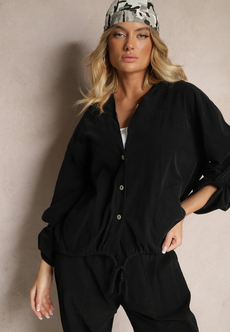 new collection Cămașă Neagră din bumbac cu croială lejeră cu glugă și bordură elastică Felanira