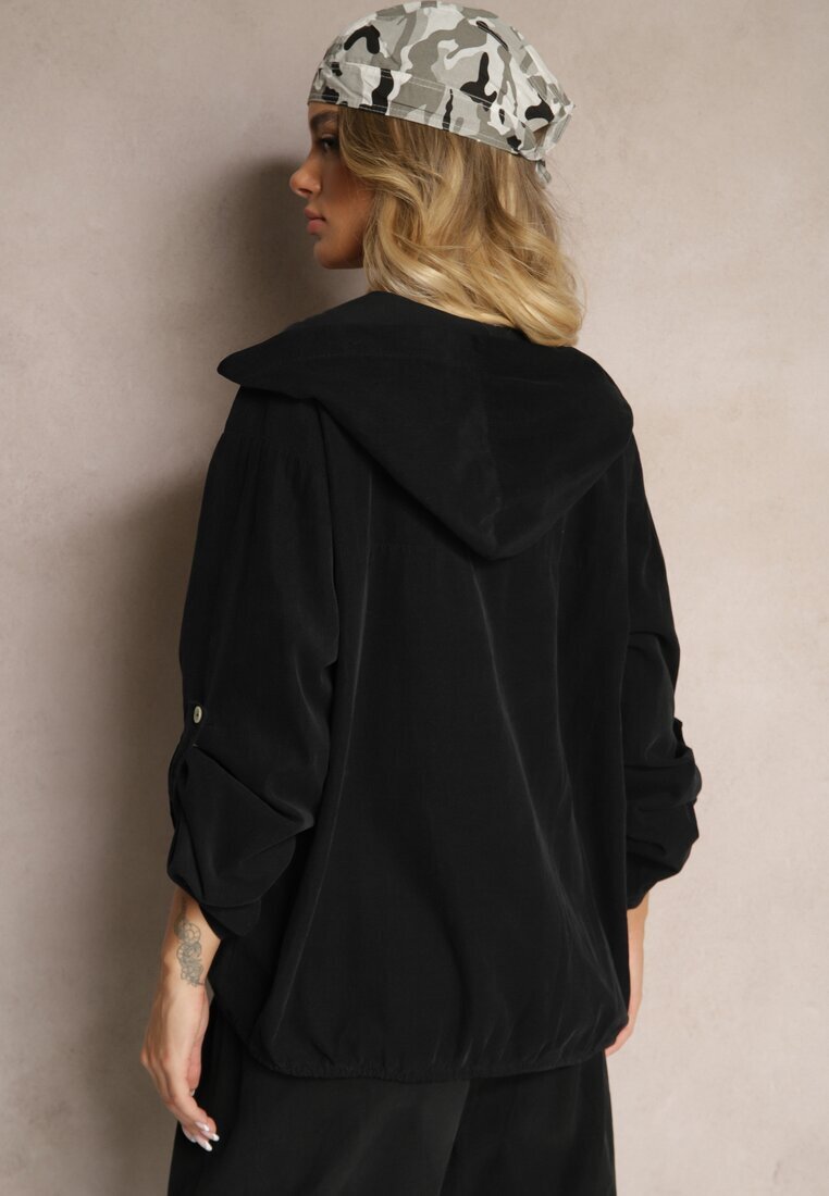 new collection Cămașă Neagră din bumbac cu croială lejeră cu glugă și bordură elastică Felanira