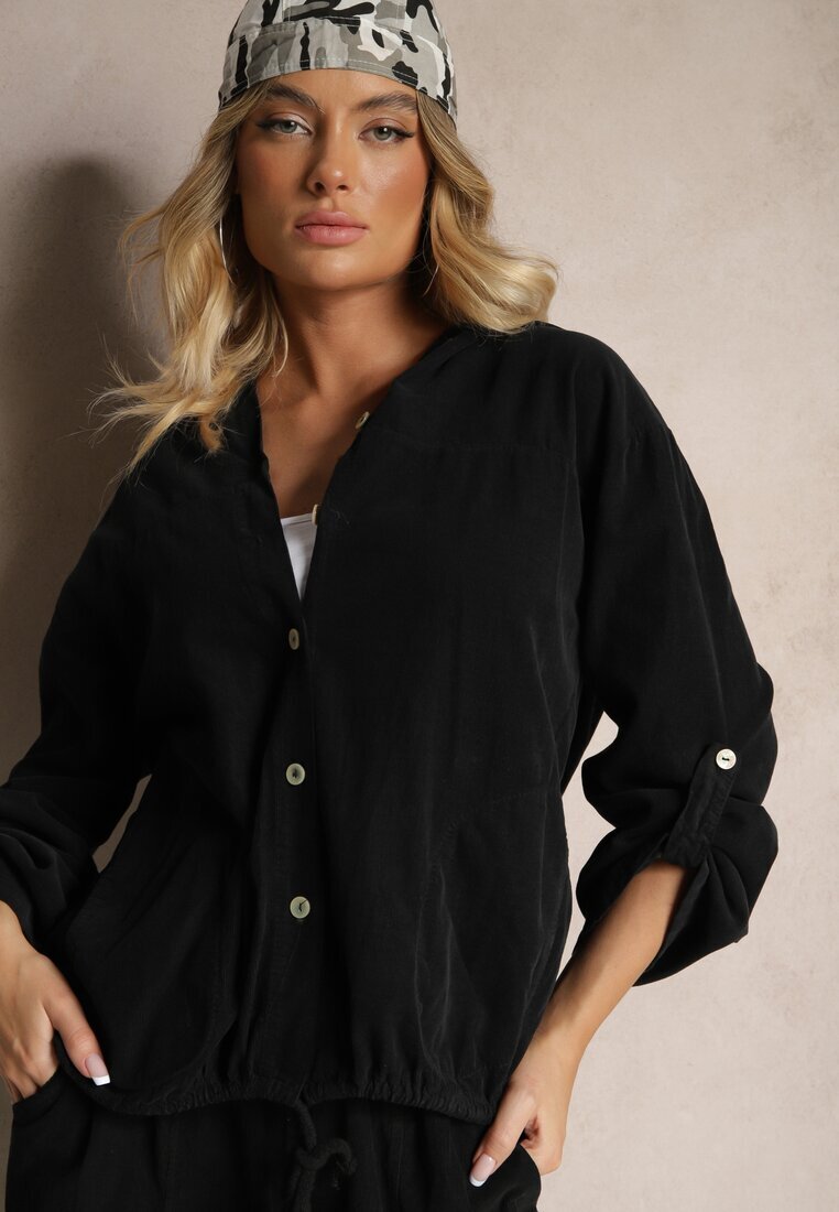 new collection Cămașă Neagră din bumbac cu croială lejeră cu glugă și bordură elastică Felanira