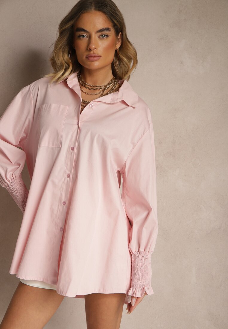 new collection Cămașă Roz deschis din bumbac decorată cu volane și încrețituri Liorale