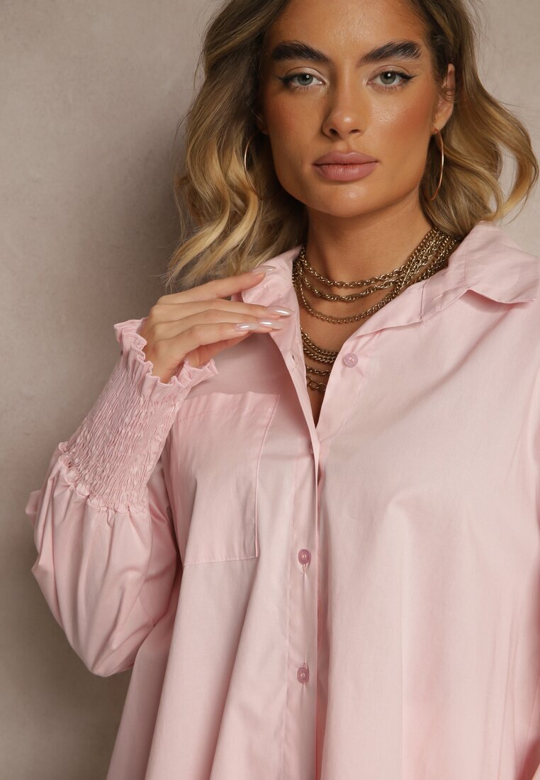 new collection Cămașă Roz deschis din bumbac decorată cu volane și încrețituri Liorale