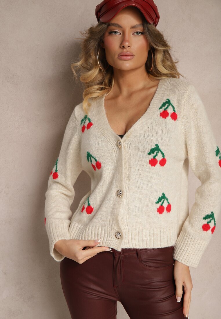 new collection Cardigan Bej cu decolteu în V cu imprimeu cireșe Nelanel