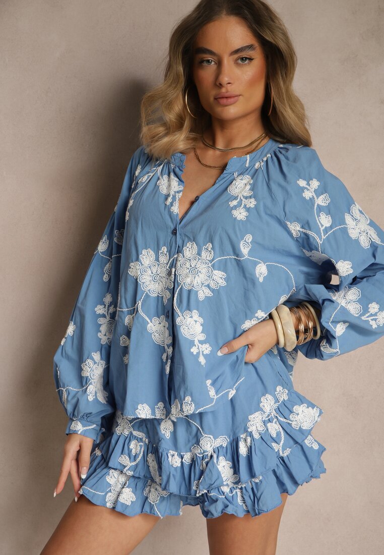 new collection Compleu Albastru din Bumbac Fustă-Pantaloni scurți și Cămașă cu Mâneci Largi Savalene