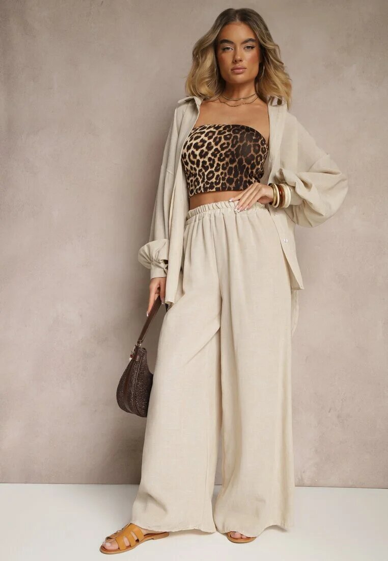 new collection Compleu Bej Cămașă cu mâneci bufante și Pantaloni cu croi larg Stelima