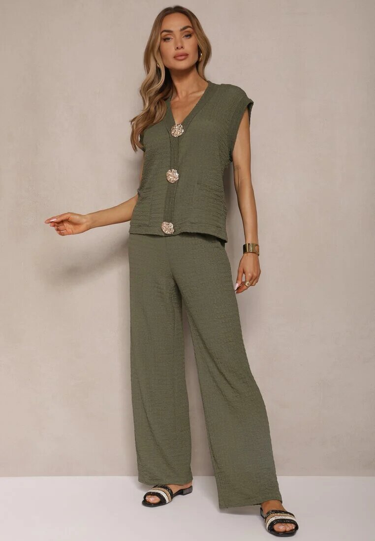 new collection Compleu Verde închis Bluză stil vestă cu broșe decorative și Pantaloni Sadessae