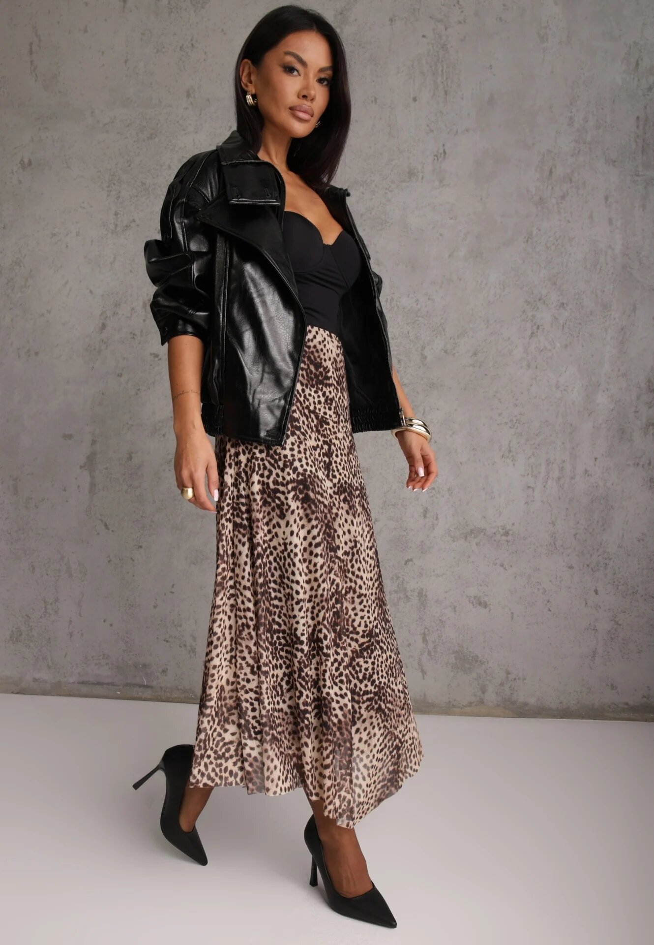 new collection Fustă neregulată cu imprimeu leopard din șifon de vâscoză Ceritellia Bej
