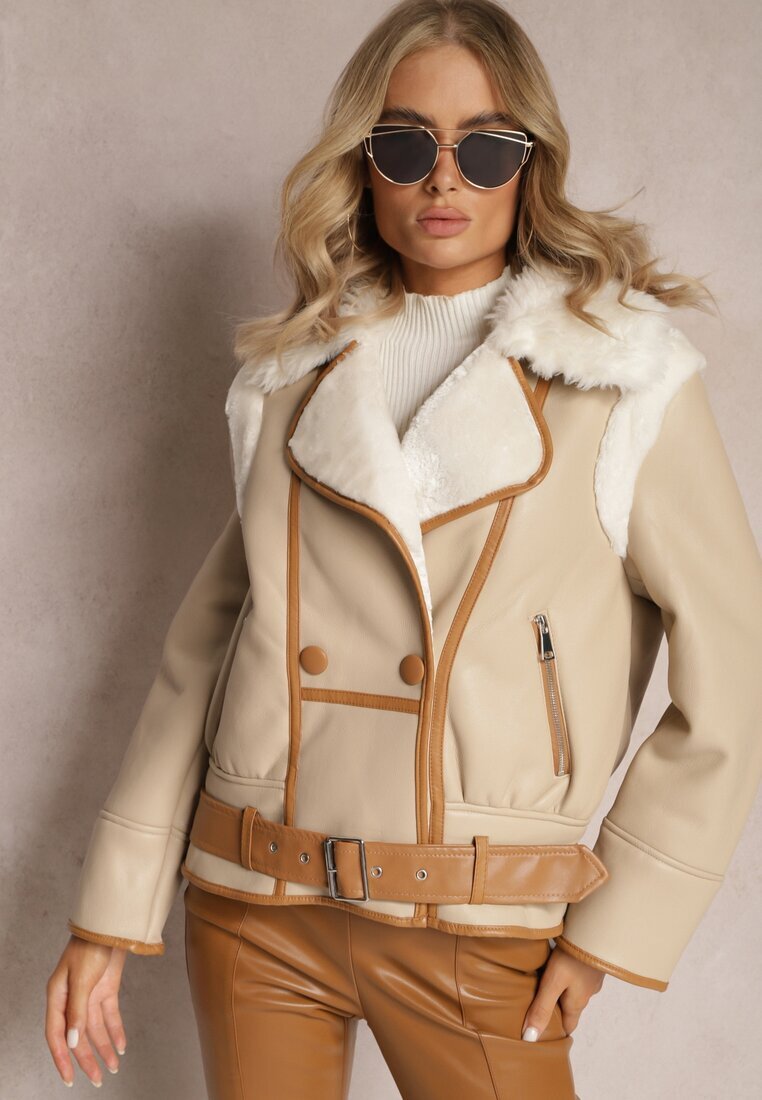 new collection Geacă Moto Bej cu Bordură Decorativă Curea cu Cataramă și Blană Liraeua