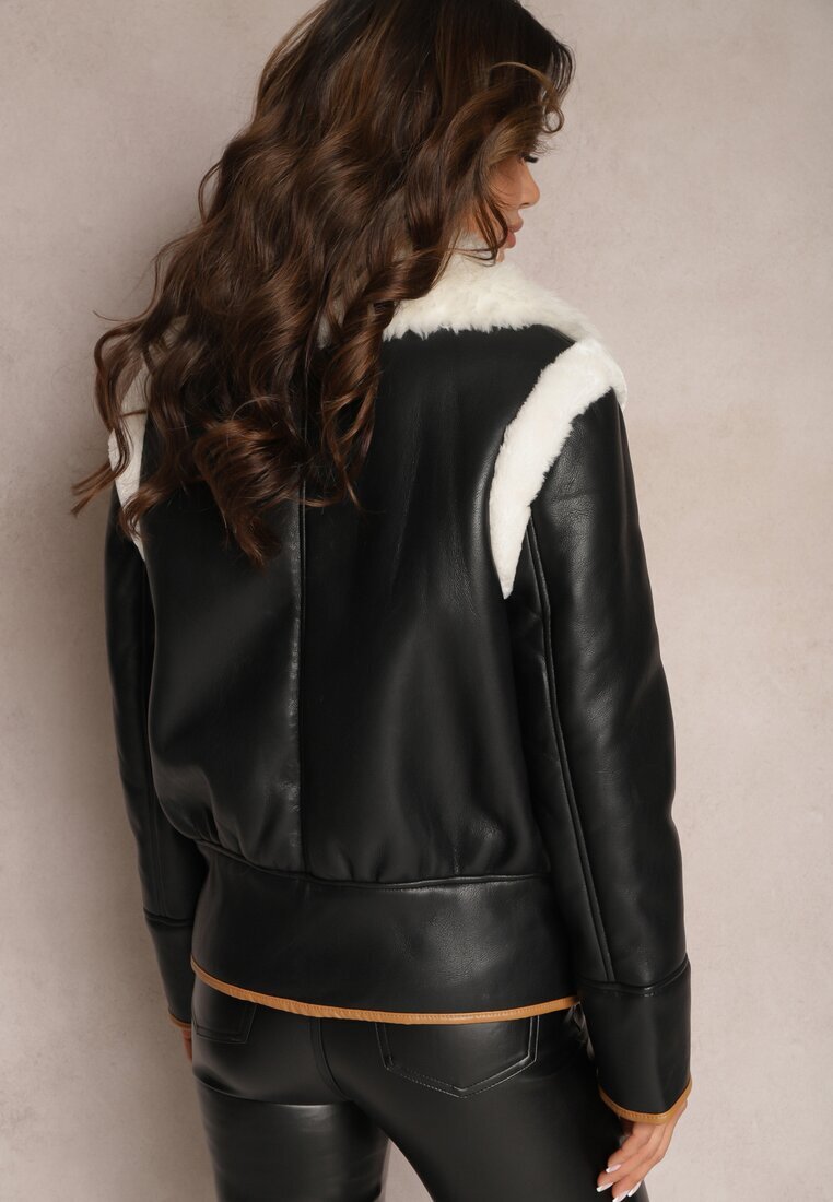 new collection Geacă Neagră Biker cu Bordură Decorativă Curea cu Cataramă și Blană Liraeua