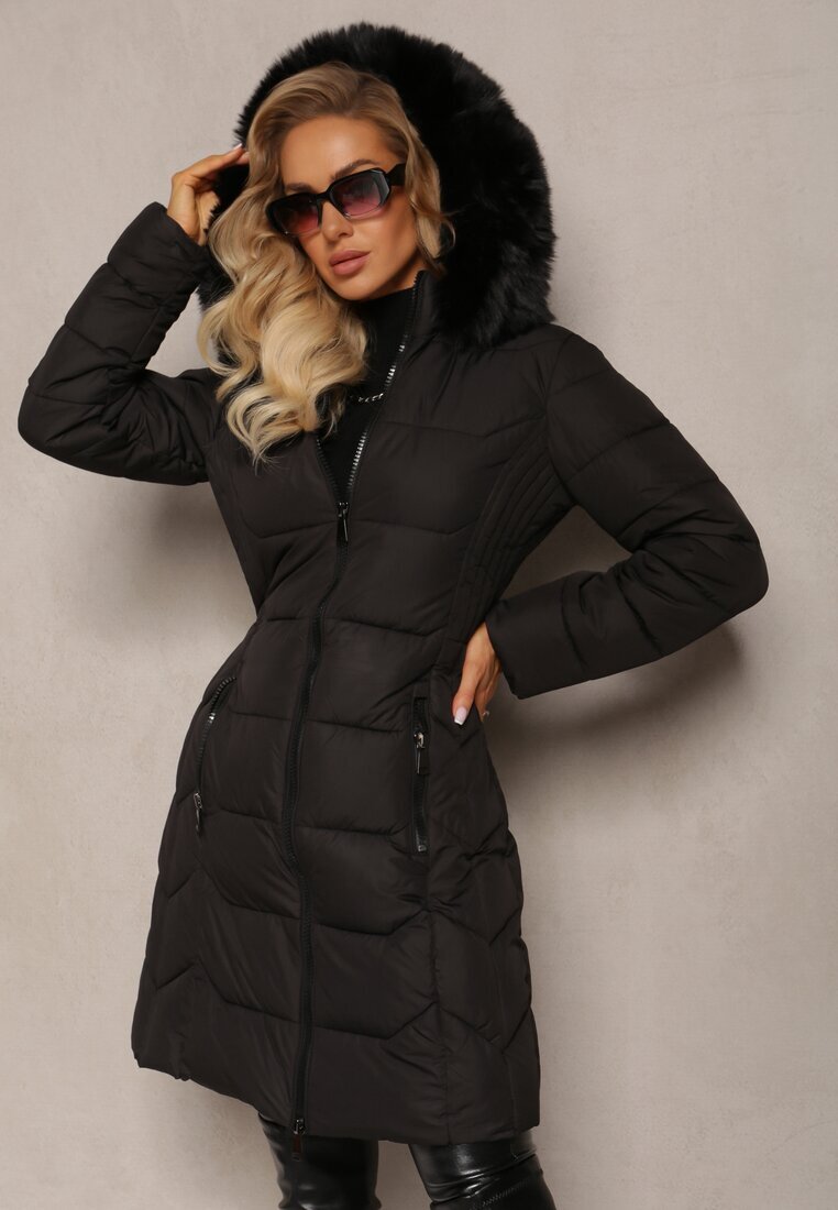 new collection Geacă Neagră cu matlasare clasică și glugă cu blană Aronnis