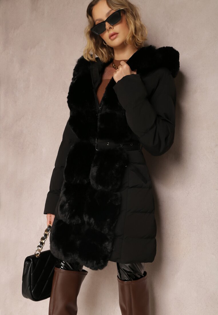 new collection Geacă neagră matlasată cu blană Kove